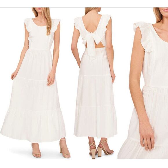 NWT CECE Size XL White Tiered Maxi Dress Coastal Cut Out Back Portrait Beach - Picture 3 of 16